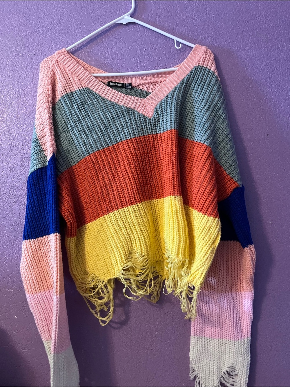 boohoo Multicolor Distressed Knit Sweater - Pink, Gray, Red, Yellow, Blue